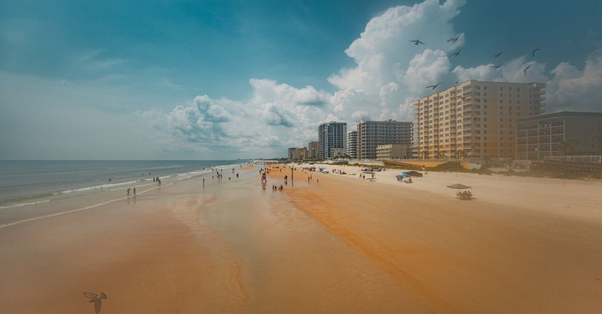 Aerial view of Daytona Beach's sandy shores, hotels, and flying seagulls under a cloudy sky.